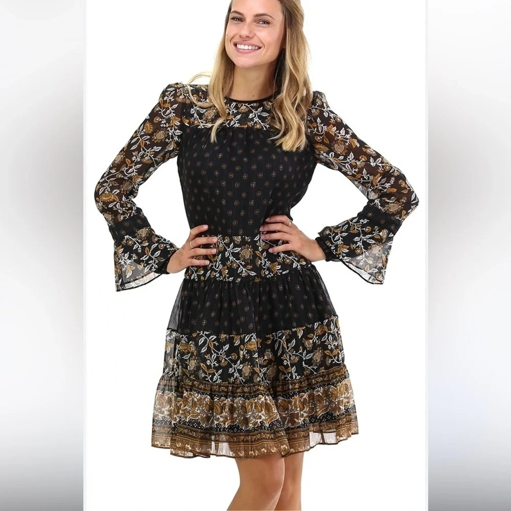 Michael Kors Dress Women XS  Georgette Paisley Gold Mettalic Floral  AA